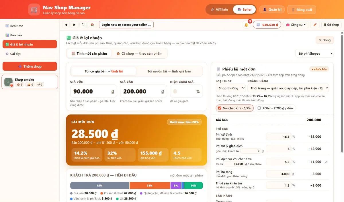 Nav Shop Manager, màn Giá và lợi nhuận: lãi mỗi đơn sau phí sàn, thuế, quảng cáo; bảng phí sàn Shopee sửa được từng dòng